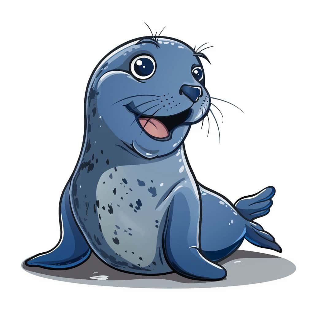 A blue cartoon seal on white background