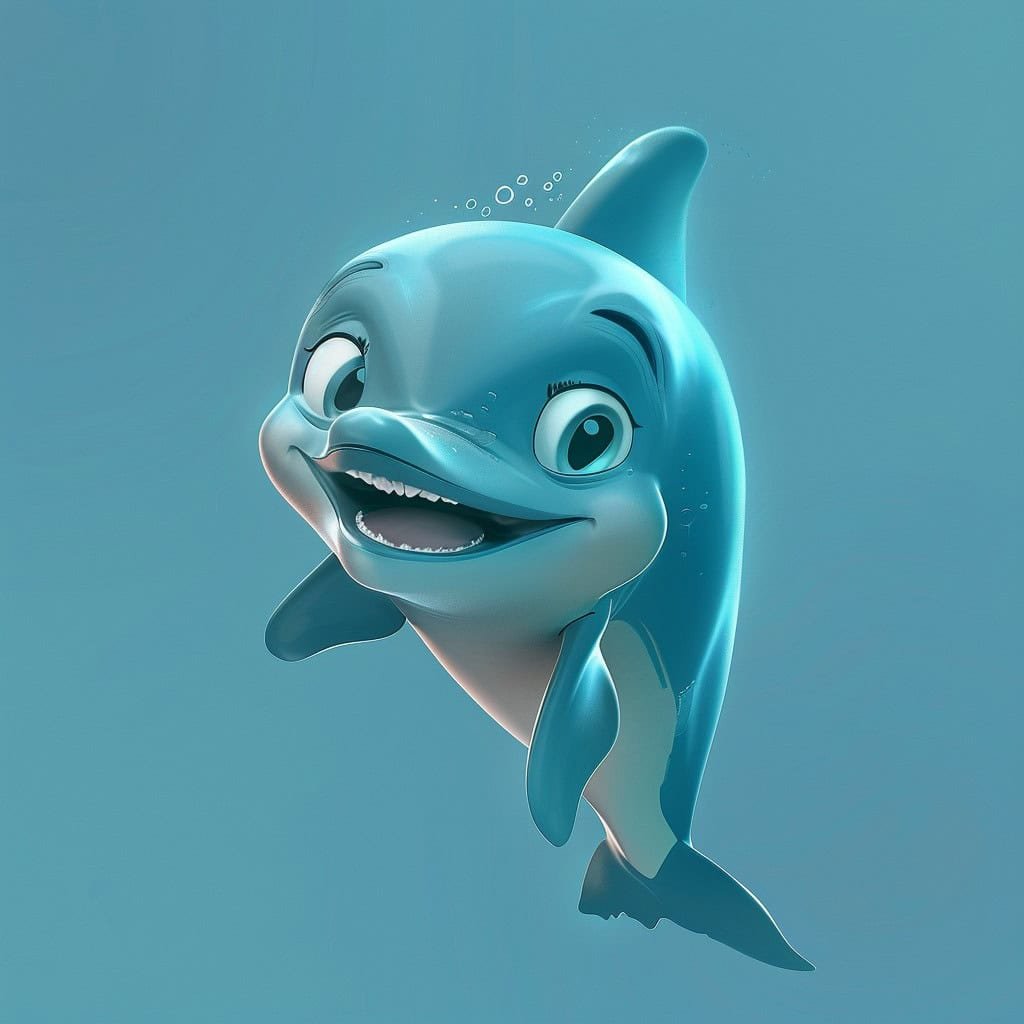 A playful cartoon dolphin grinning